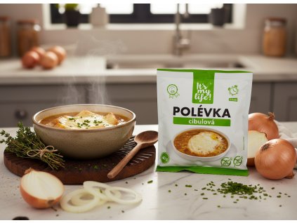 Create a nice image in a kitchen setting with the onion soup package from subject 1 a prepared on