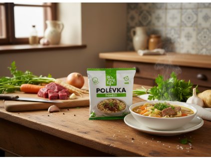 Create a nice image in a kitchen setting with the beef soup package from subject 1 prominently dis (1)