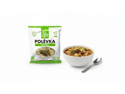 Create a product photo for beef soup with the beef soup package in the foreground and a bowl of b