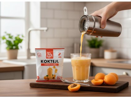 Create a nice image in a kitchen setting with the apricot cocktail package from subject 1 a prepa