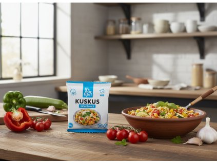 Create another nice image in a kitchen setting with the vegetable couscous package from subject 1