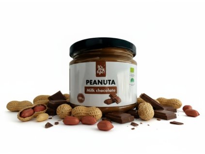 Product photography of subject 1 on a white background with peanuts and chocolate pieces scattere