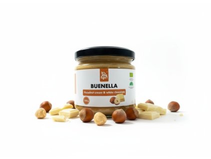 Product photography of subject 1 on a white background with hazelnuts and white chocolate pieces