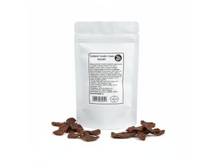 A professional e shop profile picture of a teriyaki beef jerky package standing upright on a pure wh