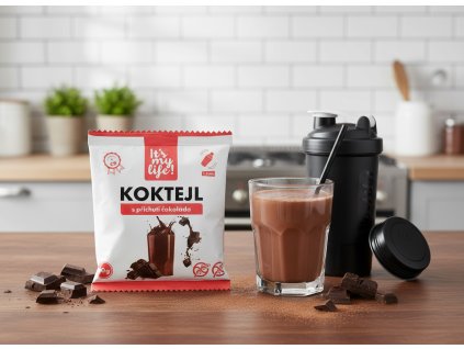 Create a nice image in a kitchen setting with the chocolate protein cocktail package from subject 1