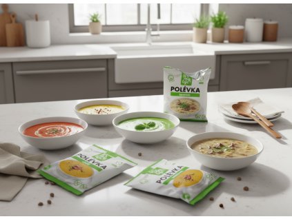 A modern kitchen setting with several bowls of prepared soups on a counter The soups should be visu