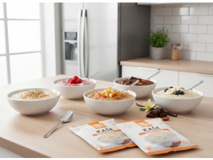 A visually appealing image of a mix of five different types of porridges in a modern kitchen setting
