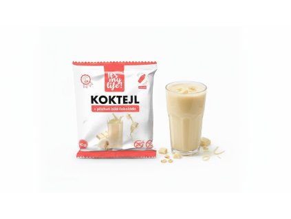 Create a product photo with the white chocolate package and a white chocolate cocktail in the glas