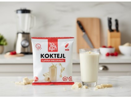 Create a nice image in a kitchen setting with the white chocolate protein cocktail package from sub