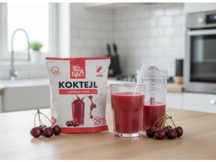 Create a nice image in a kitchen setting with the cherry protein cocktail package from subject 1 p