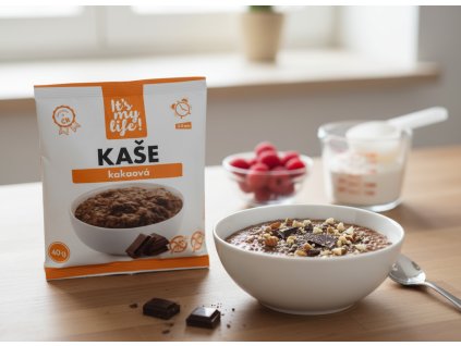 Create another nice image in a kitchen setting with the cocoa porridge package from subject 1 prom (2)