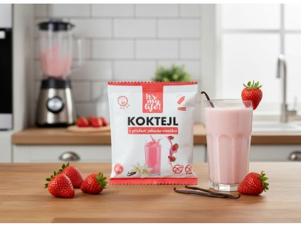 Create a nice image in a kitchen setting with the strawberry vanilla cocktail package from subject (1)