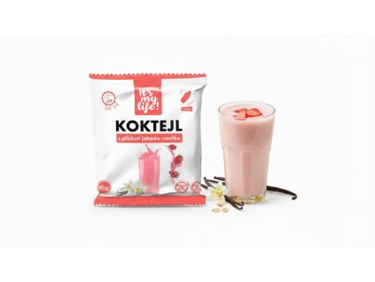 Create a product photo with the strawberry vanilla package and a strawberry vanilla cocktail in th