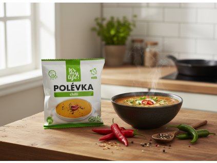 Create another nice image in a kitchen setting with the chilli soup package from subject 1 promine