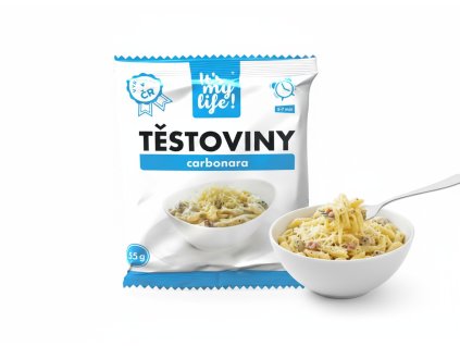 Product photography of subject 1 on a white background with a bowl of prepared carbonara pasta ne