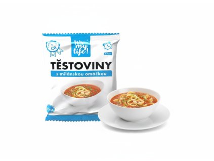 Product photography of subject 1 on a white background with a bowl of prepared pasta with Milanes