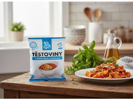 Create a nice image in a kitchen setting with the Milanese pasta package from subject 1 prominentl