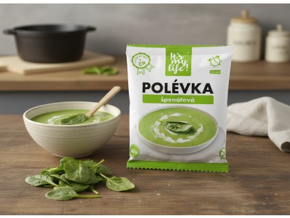 Create another nice image in a kitchen setting with the spinach soup package from subject 1 promin