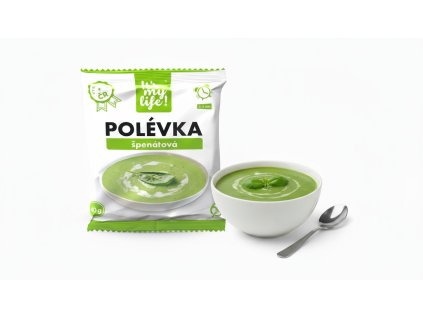 Create a product photo for spinach soup with the spinach soup package in the foreground and a bow