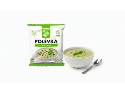 Create a product photo for pea soup with the pea soup package in the foreground and a bowl of pea