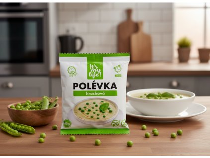 Create a nice image in a kitchen setting with the pea soup package from subject 1 prominently disp