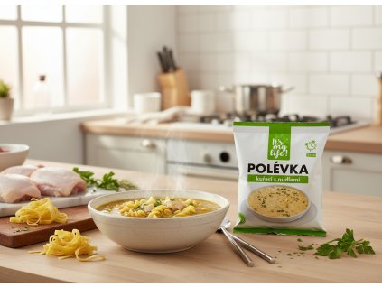 Create another nice image in a kitchen setting with the chicken noodle soup package from subject 1