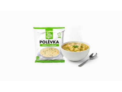 Create a product photo for chicken noodle soup with the chicken soup package in the foreground an