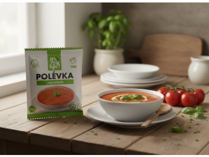 Create another nice image in a kitchen setting with the tomato soup package from subject 1 promine