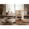 Create another nice image in a kitchen setting with the cocoa porridge package from subject 1 prom
