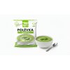 Create a product photo for spinach soup with the spinach soup package in the foreground and a bow