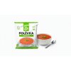 Create a product photo for tomato soup with the tomato soup package in the foreground and a bowl