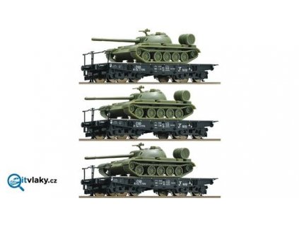 TT - 3 vozy plošinové ložené tanky T55 3ks, ČSD / ROCO 37587