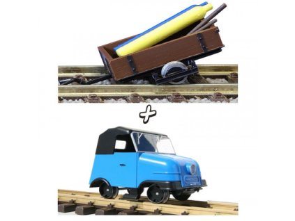 445889 h0 schienentrabi blau mit 1achsigem anhanger bausatz kres 99077