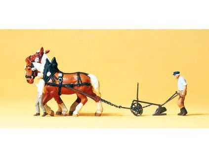 H0 -Farmář s pluhem, 2 koně / Preiser 30431