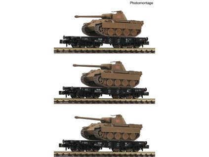 N - 3-dílný set plošinových vozů s tanky, nové čísla / Fleischmann 845606