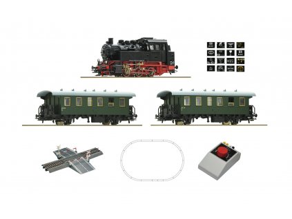 H0 - Start set - parní lokomotiva BR80 (ČSD 317.0) + 2 osobní vozy,  závory / ROCO 51161
