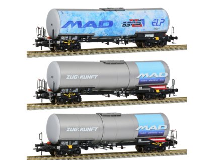 H0 - 3x kotlový vůz Zacns BSAS, "MAD BSAS ELP", 2x "ZUG:KUNFT" / Sudexpress S783905