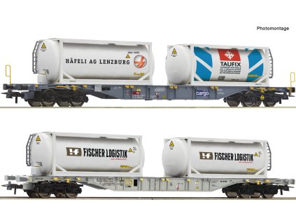 H0 - 2-dílná sada vozů Containertragwagen Sgns SBB + Tankcontainer / ROCO 6600231