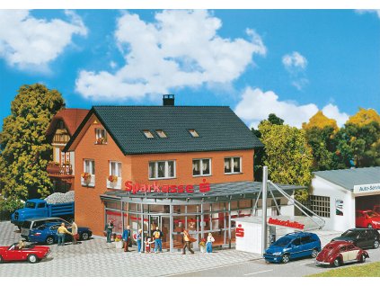 H0 - Banka Sparkasse s drive-in, stavebnice / Faller 130480