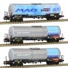 H0 - 3x kotlový vůz Zacns BSAS, "MAD BSAS ELP", 2x "ZUG:KUNFT" / Sudexpress S783905