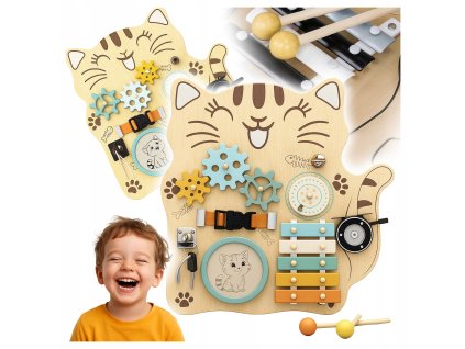 Manipulacyjna Sensoryczna Tablica MONTESSORI Kotek Edukacyjna Drewniana