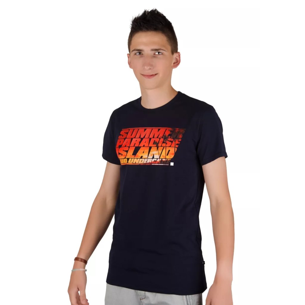 Pánske jednofarebné tričko s nápisom Summer paradise island (Farba / Veľkosť <img KodProduktu="2109182409H"> modrá tmavá / L/XL)