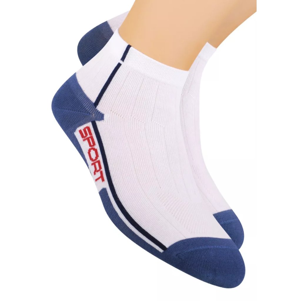 Chlapčenské členkové ponožky športové s nápisom Sport 054/104 STEVEN (Farba / Veľkosť <img KodProduktu="18054104H"> biela-modrá / 38/40)