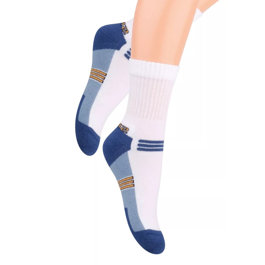 Chlapčenské klasické ponožky polofrofé s nápisom Sport 020/29 STEVEN (Farba / Veľkosť <img KodProduktu="18020029H"> biela-modrá / 29/31)