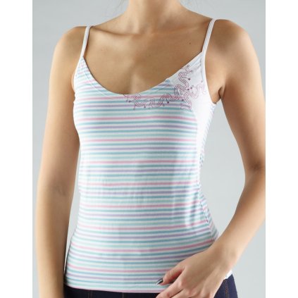 Košieľka / top / s vypletaným farbenými pruhmi a transferovou potlačou 18017P (Farba / Veľkosť <img KodProduktu="18017P"> biela, magnólia / S/M)