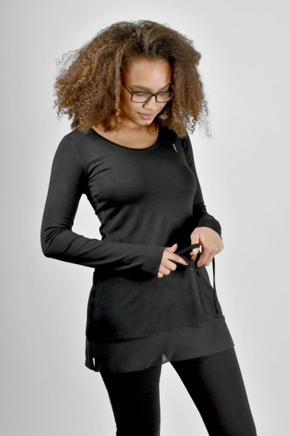 cerna tunika s vystrihem v pase na stahovani dlouhy rukav a