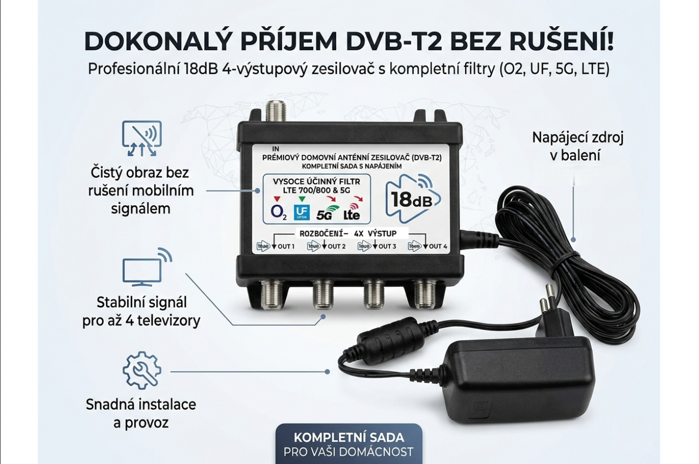 ZR20 ..Ant.zesilovač DVB-T2 4xOUT 25dB+zdr + filtry UFON-O2 + LTE 700
