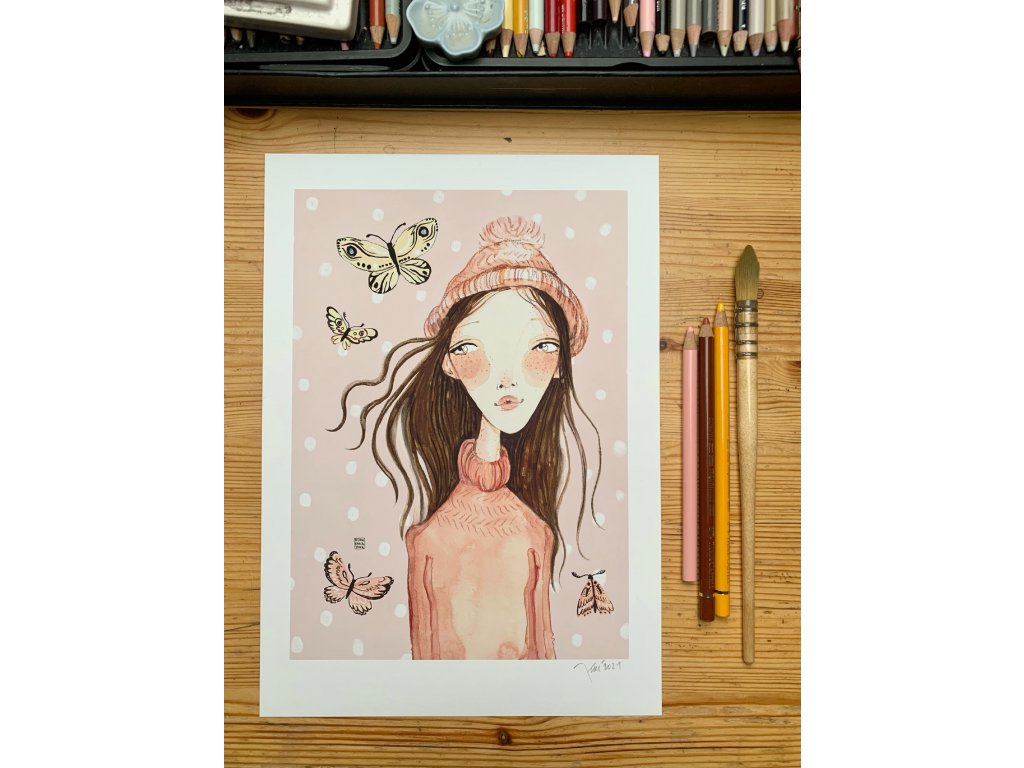 tisk A4 - Slečna s čepicí a motýly