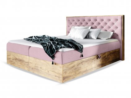 Boxspring manželská posteľ WOOD 3 s úložným priestorom - ružová Kronos