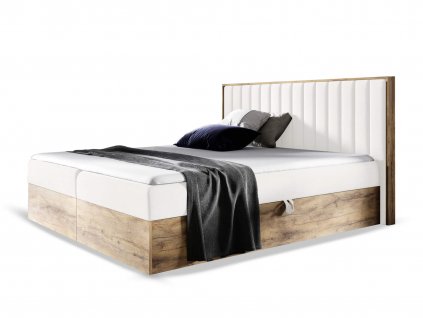 Boxspring manželská posteľ WOOD 4 s úložným priestorom - biela Paros